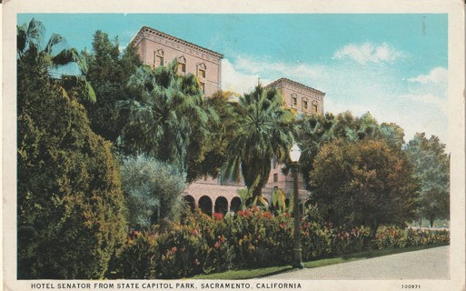 Vintage Used Postcard: 1937 Hotel Senator from State Capitol Park, Sacramento, CA