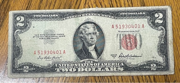 1953 A 2$ Bill Red Seal Circulated Federal Reserve Note