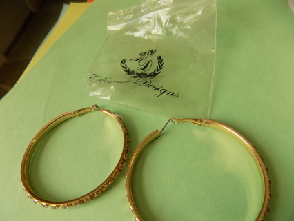 Premiere Designs Jewelry 2 1/2 inch goldtone wide hoop earrings covered in rhinestones