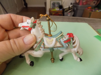 4 inch tall porcelain carousel horse # 7 red reins & red bow on tail