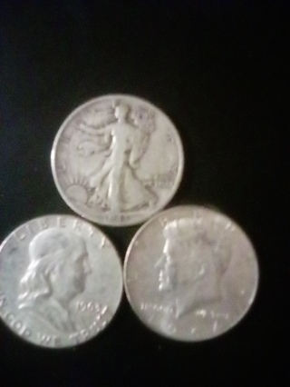 3 Silver half dollars. 1943, 1963, 1964