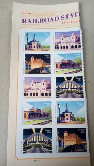 10- FOREVER US POSTAGE STAMPS.. USA RAILROAD STATIONS.