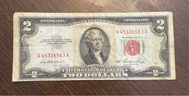 1953 A Series RED SEAL $2 Dollar Bill Well Circulated 