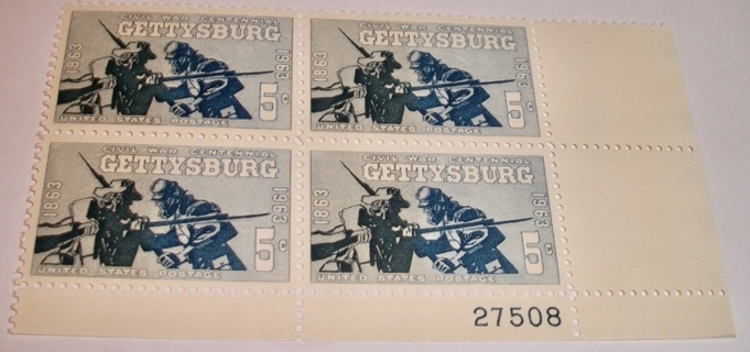 Scott #1180, Gettysburg, Pane of 4 Useable 5¢ US Postage Stamps. Has Original Gum.