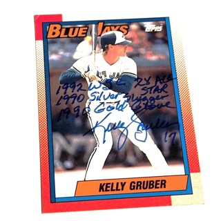 Autographed Blue Jays Kelly Gruber 1990 Topps-1992 World Series Champion Inscription 