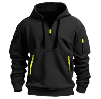 2024 New Multi Pocket Zipper Fleece Hooded Casual Shirt for Men Plus Size Loose Pullover 