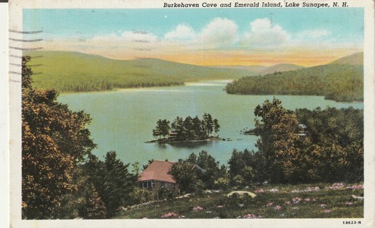 Vintage Used Postcard: 1945 Burkehavem Cove, Emerald Island, Lake Sunapee, NH