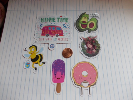 LOT of Stickers (6) Bee Hippie Doughnut Popsicle Avacado