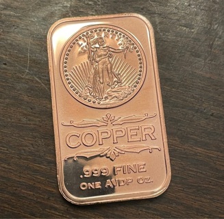 1 Ounce .999 Fine Copper Bar St-Gaudens 