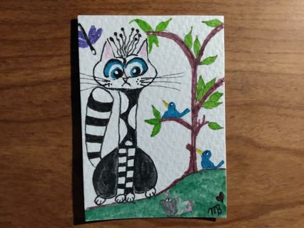 Original, Watercolor Painting 2-1/2"X 3/1/2" Whimsical Cat & Friends by Artist Marykay Bond