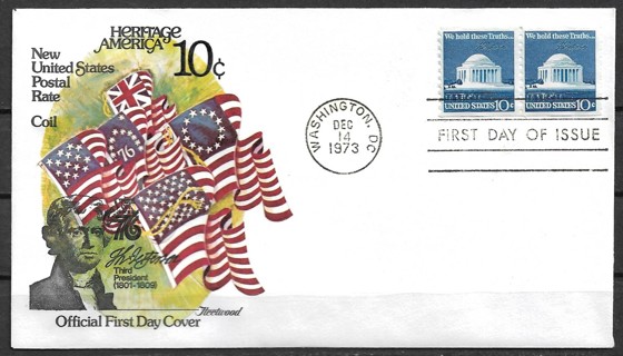 1973 Sc1520 10¢ Thomas Jefferson Memorial coil pair FDC