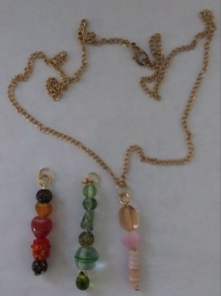 Long goldtone handmade necklace, 3 interchangeable pendants.