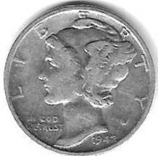 1942 Mercury Dime 90% Silver U.S. 10 Cent Coin