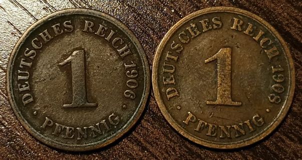 1906 & 1908 Germany One Pfennig Coins Full bold dates!