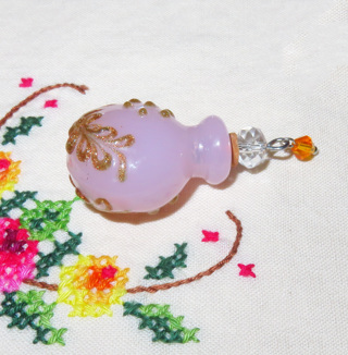 Perfume Bottle, Fillable, Lampworked Glass, Cork, Pink Glass, with Gold-colored Glitter, 38x24mm 