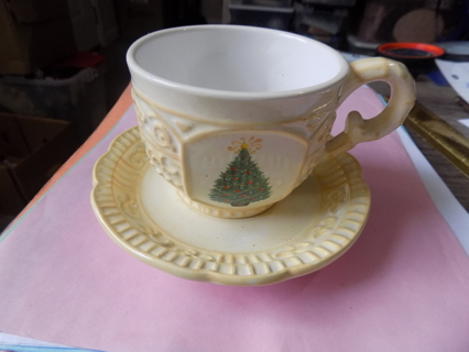 handpainted ceramic yellow cup & saucer set with decorated tree painted # 1