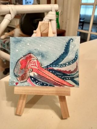 Original, Watercolor Painting 2-1/2"X 3/1/2" Colorful Ocean Cuttlefish by Artist Marykay Bond