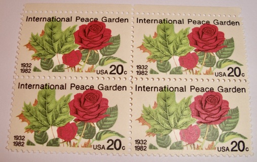 Scott #2014, International Peace Garden, Pane of 4 Useable 20¢ US Postage Stamps