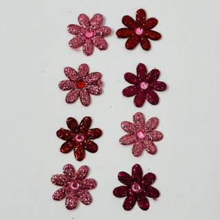 8 Pink Glittery Flower Embellishments 5/8"