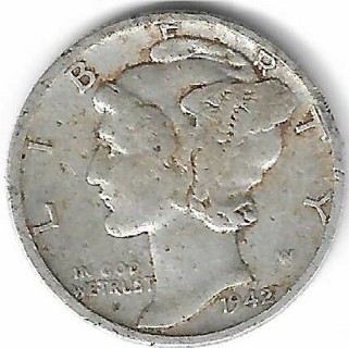 Vintage 1942 Mercury Dime 90% Silver U.S. 10 Cent Coin