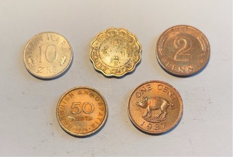 5 Different Penny Sized Foreign Coins 