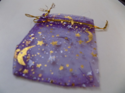 purple organdy drawstring jewelry bag with gold moon & stars # 2