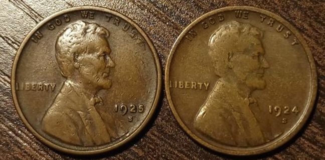 1924-S & 1925-S USA Lincoln Wheat Cents Full bold dates!