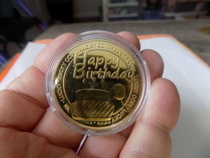 Goldtone Happy Birthday Lucky Coin in round acrylic case