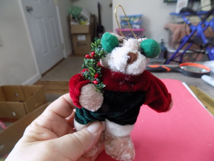 Christmas Bear plush ornament #1 5 inch green ear muffs red, green velvet suit