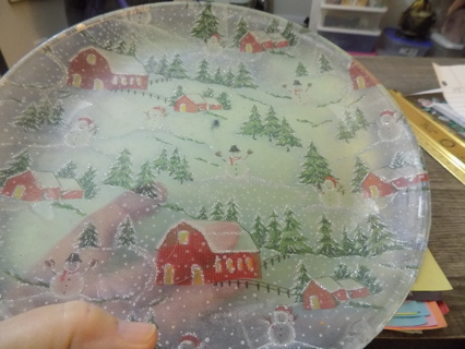 10 inch round barn and winter scene decopaged on back clear glass serving dish