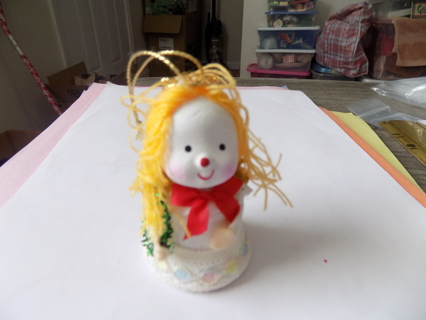 Vintage 3 1/2 ceramic snow girl bell ornament yellow string hair