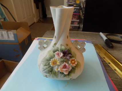 Lefton JAPAN 6 inch twisted bisque porcelain bud vase double handle 3D flowers