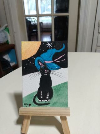 ACEO Original, Watercolor Painting 2-1/2"X 3/1/2" Cat, Harvest Moon & Sirius  by Artist Marykay Bond