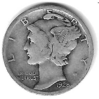 1928 Mercury Dime 90% Silver U.S. 10 Cent Coin