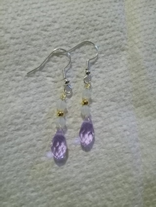 Lavender purple & white crystal hook Earrings 