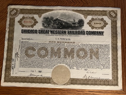 Chicago Great Western Railroad stock certificate 1937 beautiful locomotive vignette 