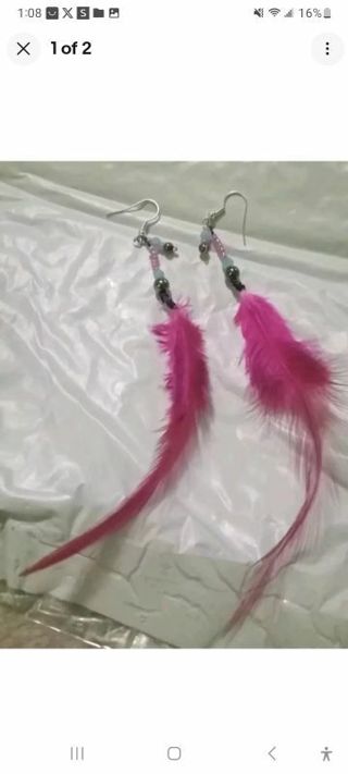 Pink long feather beaded hook earrings new