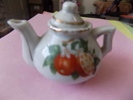 Miniature porcelain teapot and lid 3 inch wide TIG orange blossoms & fruit painted