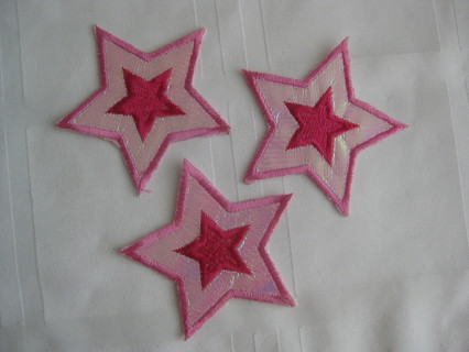 Pink embroidered stars iron on patches, lot of 3 stars, sewing, cloths decor, other use. 