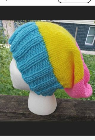 Pansexual Inspired Hand Knitted combo set of slouchy hat,fingerless gloves,flag and cabled headband