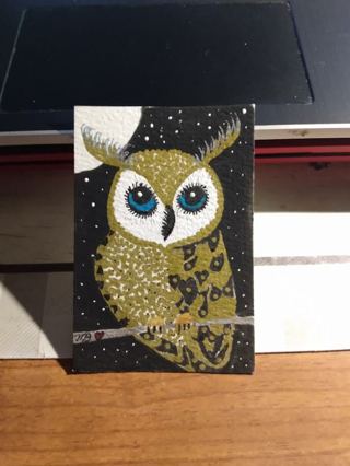 ACEO Original, Watercolor Painting 2-1/2"X 3/1/2" Whimsical Owl by Artist Marykay Bond