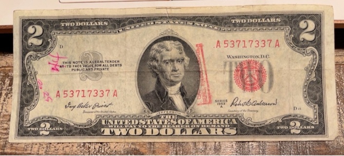 Vintage Series 1953 A Red Seal Two Dollar Bill