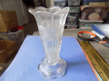 Vintage cut pressed glass 6 in vase star burst base, 2 rib sections, 2 diamond pt  sections