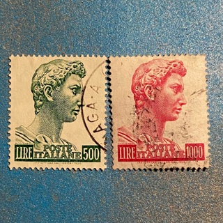Vintage Stamps of Italy. ST. GEORGE BY DONATELLO. Scott 690Ac, 690b Issued 1957. 500 & 1000 lire 