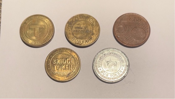 5 Different Vintage Nickel-Sized Tokens