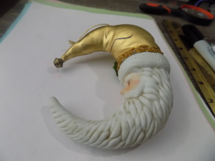 5 inch porcelain Santa ornament in crescent moon shape gold metallic hat