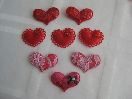 Red hearts puffy patches, 8 pcs(4 diff. designs) cloths decor. new out of package