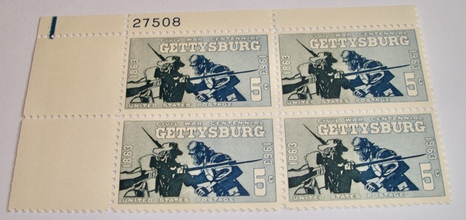 Scott #1180, Gettysburg, Pane of 4 Useable 5¢ US Postage Stamps. Has Original Gum.