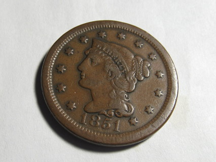 ★1851 CORONET BRAIDED HAIR LARGE CENT F★