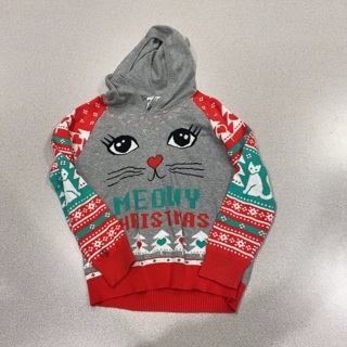 Girls Size 10-12 Christmas Cat Sweater With Hood